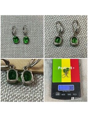 VTG Sterling Silver 925 BADAVICI Oval Emerald CZ Lever-Back Dangle Earrings 3g